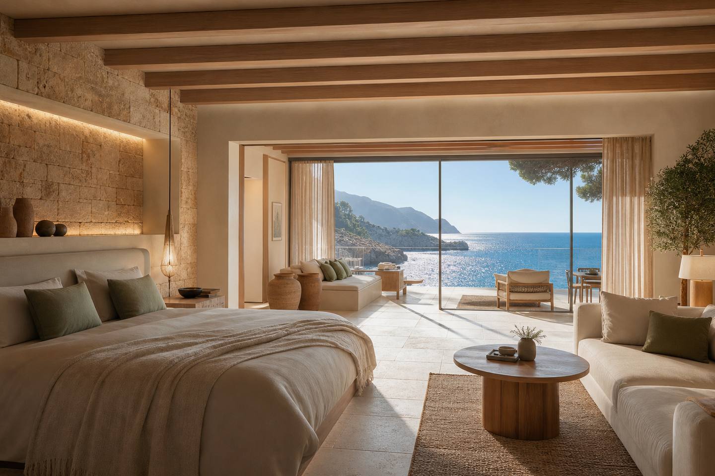 KI-generiertes redaktionelles Stimmungsbild eines mediterranen Hotelzimmers für den Hotelcheck des CARROSSA HOTEL - SPA - VILLAS in Artà