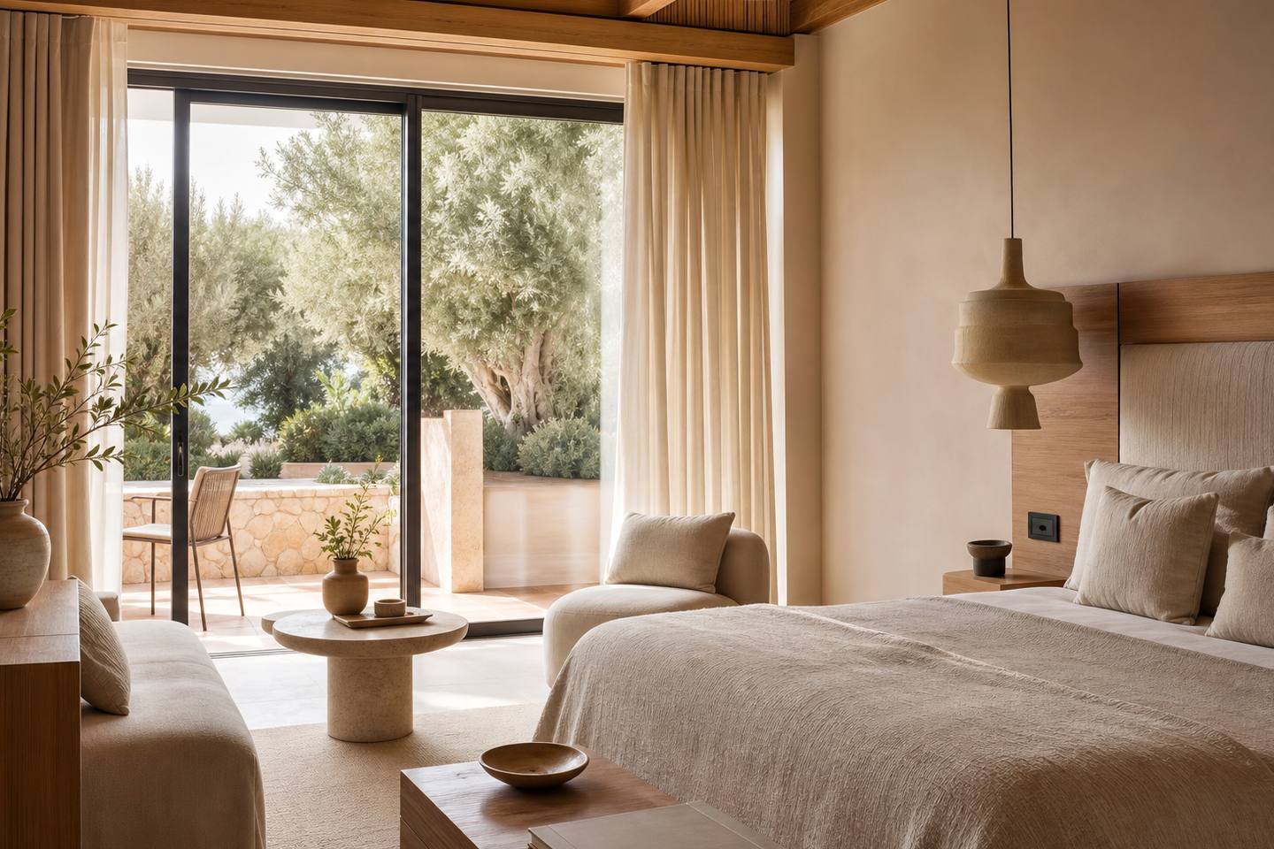 KI-generiertes redaktionelles Stimmungsbild eines mediterranen Hotelzimmers für den Hotelcheck des CA´S XORC in Sóller