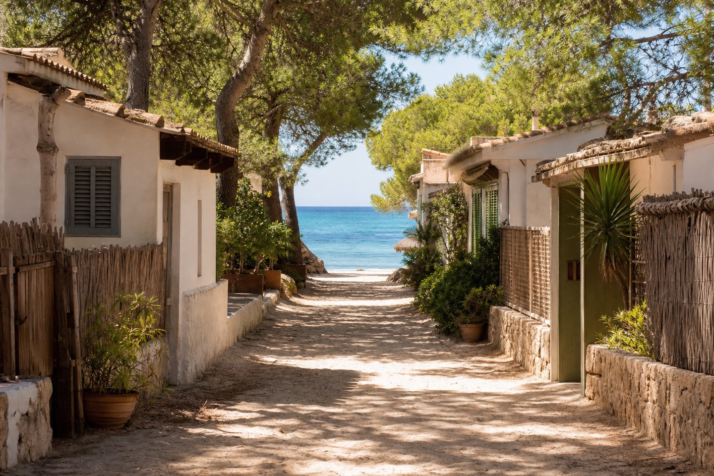 KI-generiertes Stimmungsbild einer schattigen Sandstraße zwischen kleinen Sommerhäusern mit Blick zum Meer im Stil von Casetes des Capellans