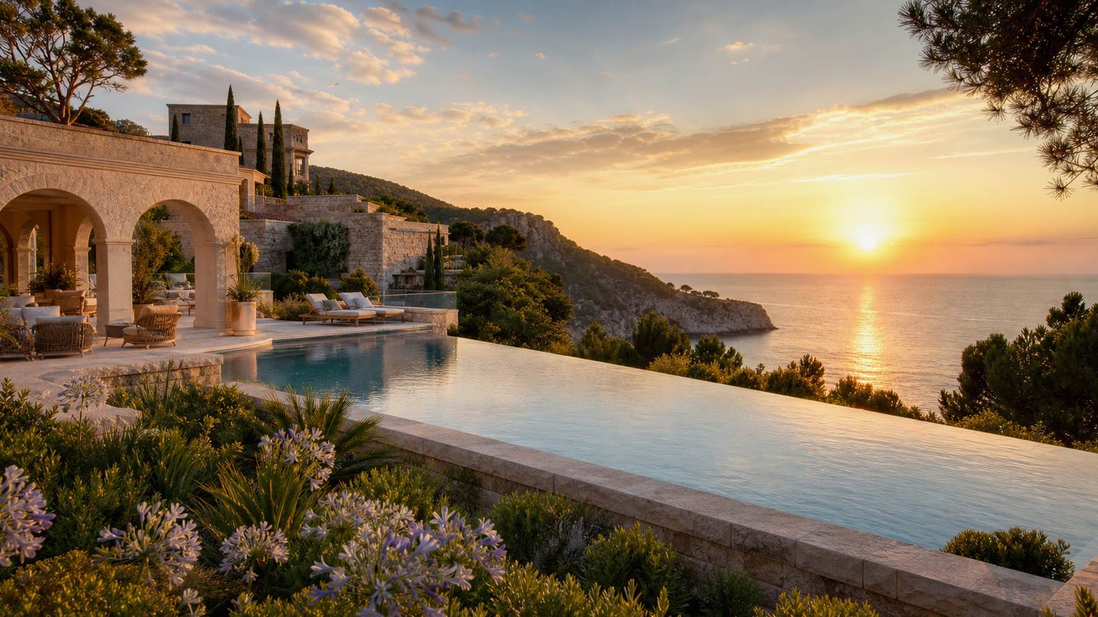 KI-generiertes Mallorca-Stimmungsbild eines mediterranen Hotel-Außenbereichs für den Hotelcheck des CASTELL SON CLARET in Capdellà (El)