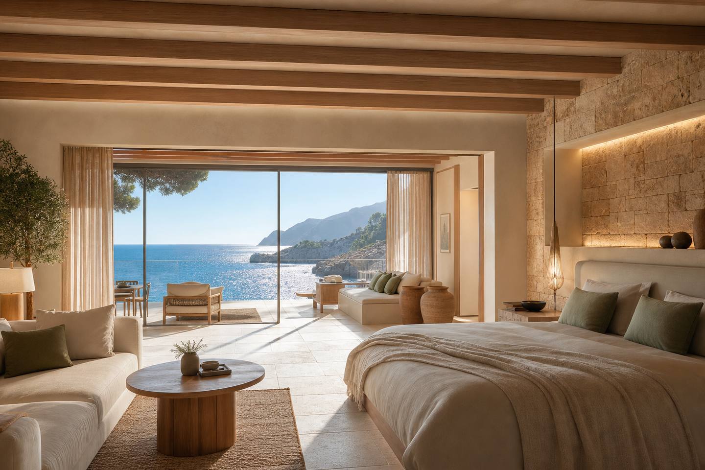 KI-generiertes redaktionelles Stimmungsbild eines mediterranen Hotelzimmers für den Hotelcheck des CASTELL SON CLARET in Capdellà (El)