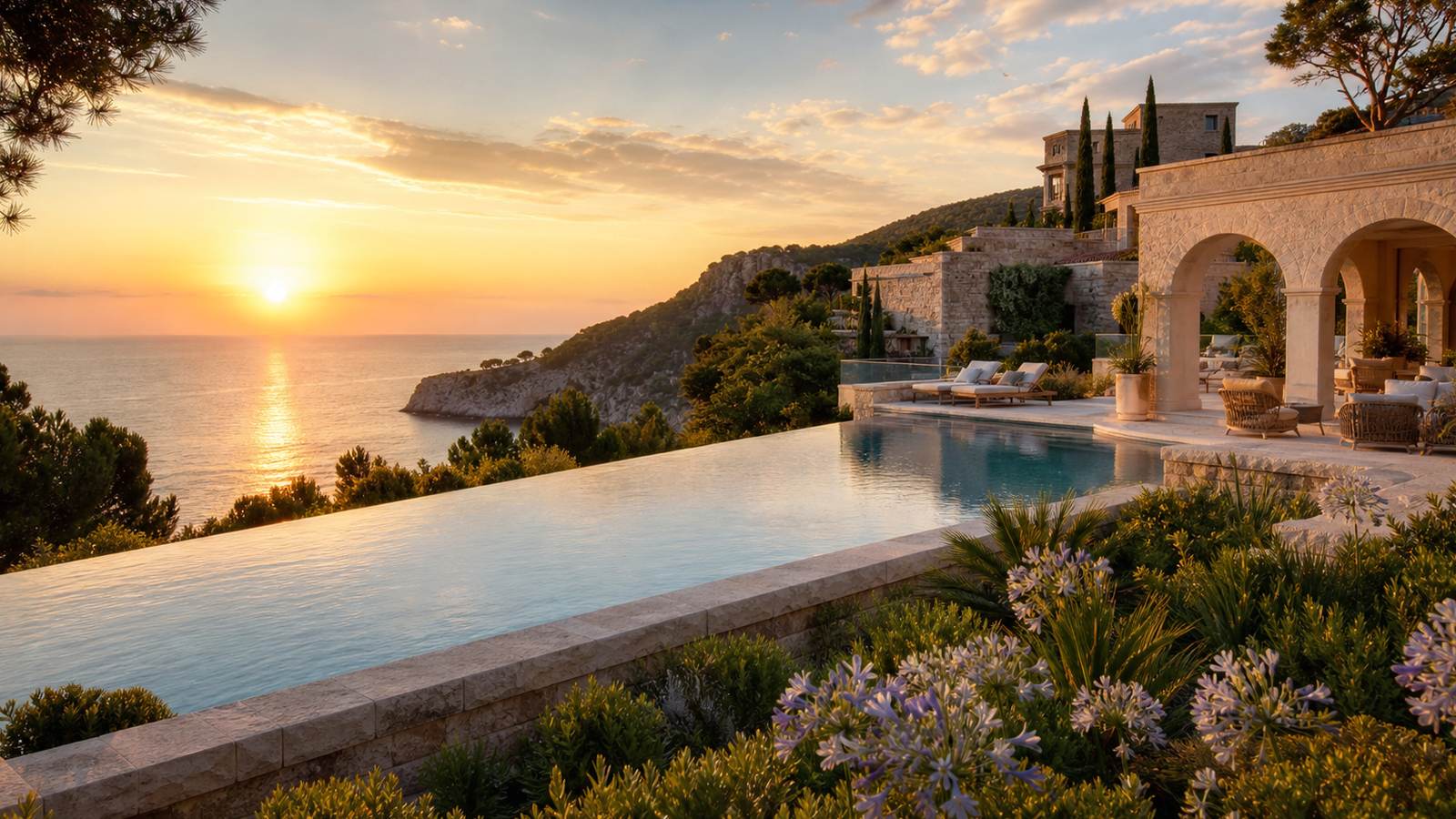 KI-generiertes Mallorca-Stimmungsbild eines mediterranen Hotel-Außenbereichs für den Hotelcheck des CASTILLO HOTEL SON VIDA in Palma