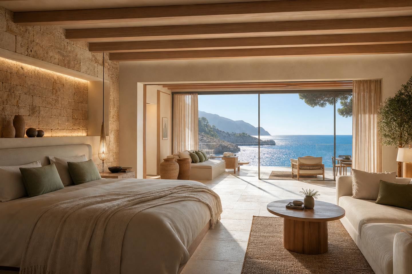 KI-generiertes redaktionelles Stimmungsbild eines mediterranen Hotelzimmers für den Hotelcheck des CASTILLO HOTEL SON VIDA in Palma