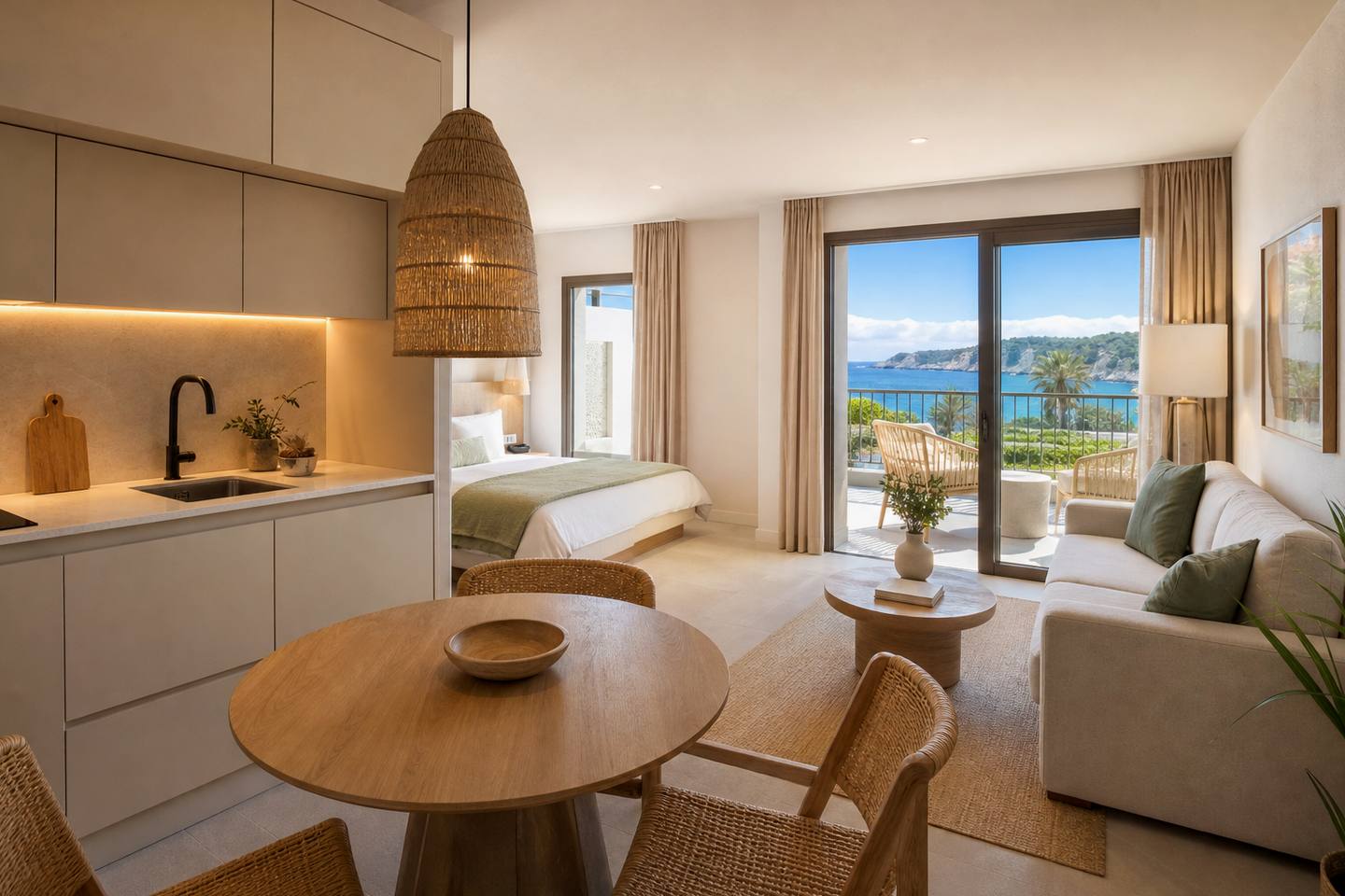 KI-generiertes redaktionelles Stimmungsbild eines mediterranen Hotelzimmers für den Hotelcheck des CLUB CALA ROMANI in Cales De Mallorca