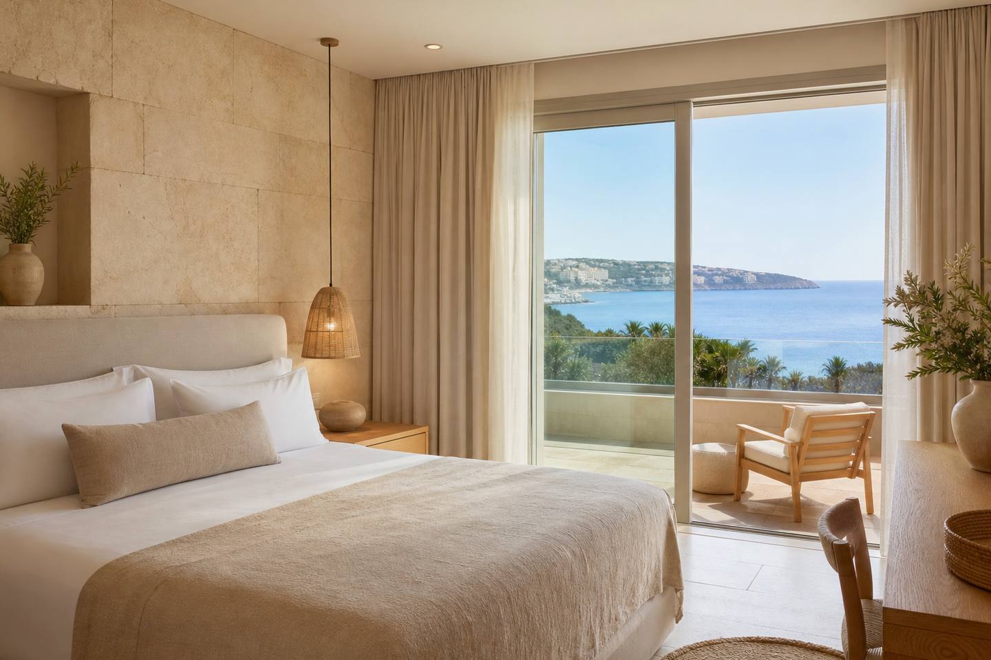 KI-generiertes redaktionelles Stimmungsbild eines mediterranen Hotelzimmers für den Hotelcheck des CLUB COLONIA DE SANT JORDI in Colònia De Sant Jordi