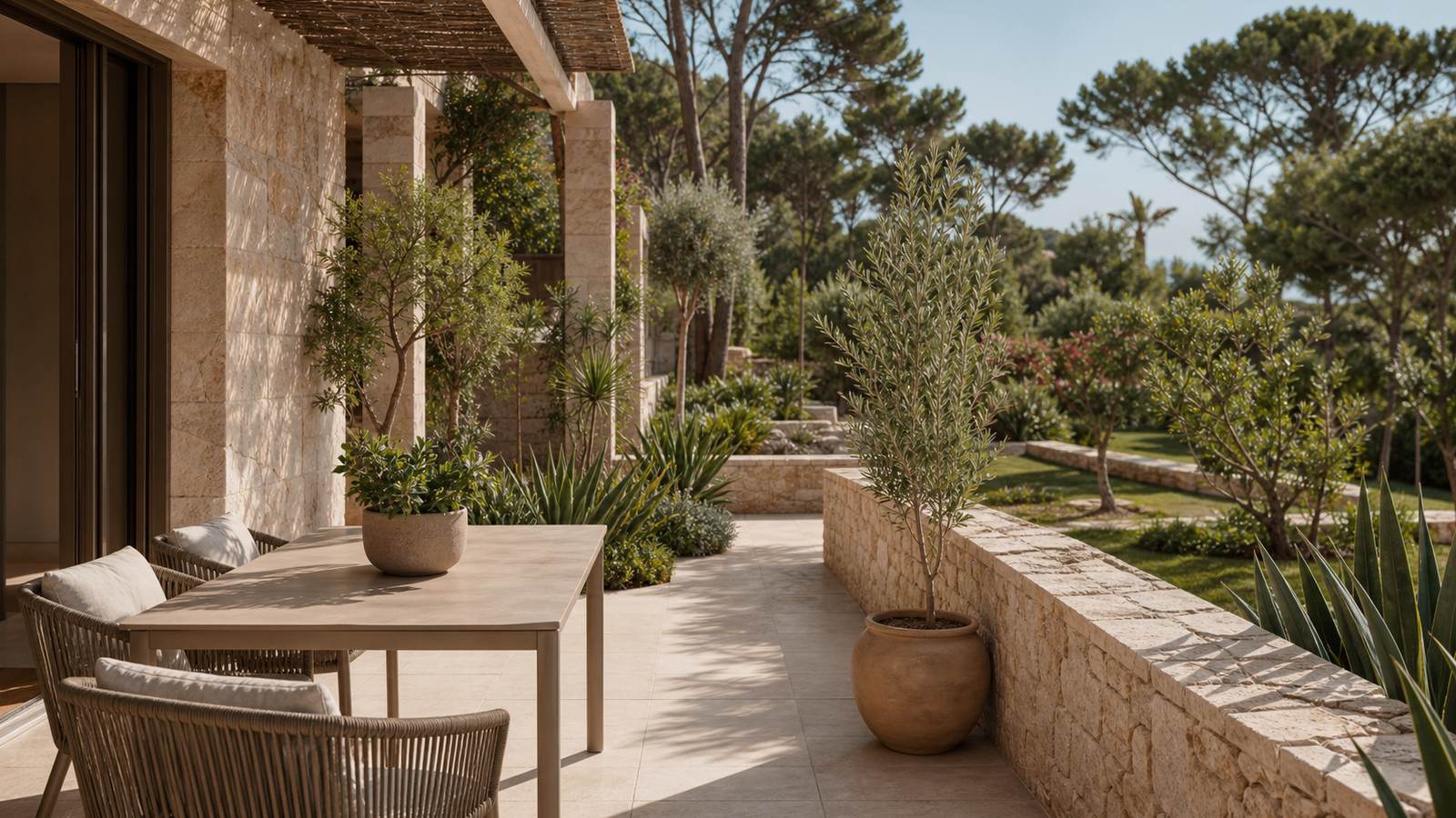 KI-generiertes Mallorca-Stimmungsbild eines mediterranen Hotel-Außenbereichs für den Hotelcheck des CLUB ES TALAIAL in Cala D´Or