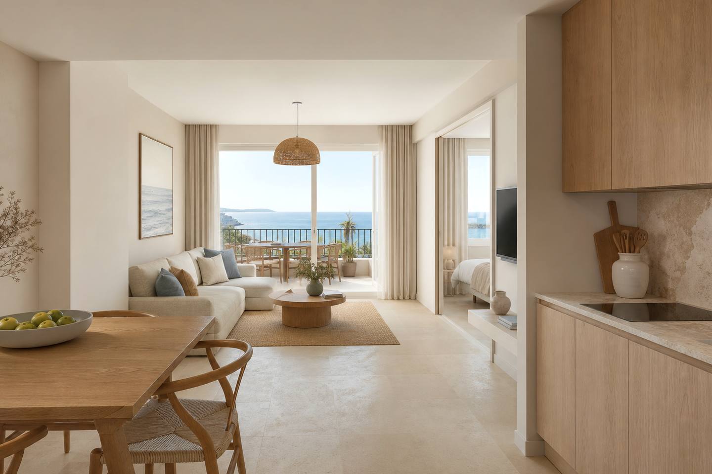 KI-generiertes redaktionelles Stimmungsbild eines mediterranen Hotelzimmers für den Hotelcheck des CLUB ES TALAIAL in Cala D´Or