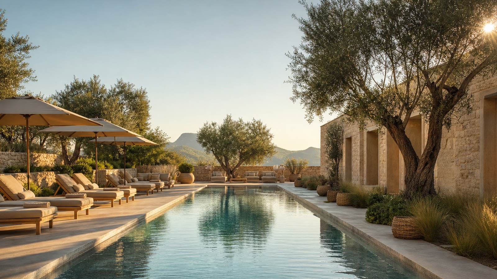 KI-generiertes Mallorca-Stimmungsbild eines mediterranen Hotel-Außenbereichs für den Hotelcheck des CLUB JET TOURS ALCUDIA in Alcúdia