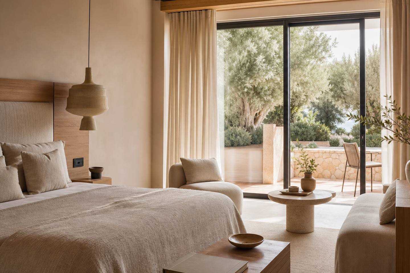 KI-generiertes redaktionelles Stimmungsbild eines mediterranen Hotelzimmers für den Hotelcheck des CLUB JET TOURS ALCUDIA in Alcúdia