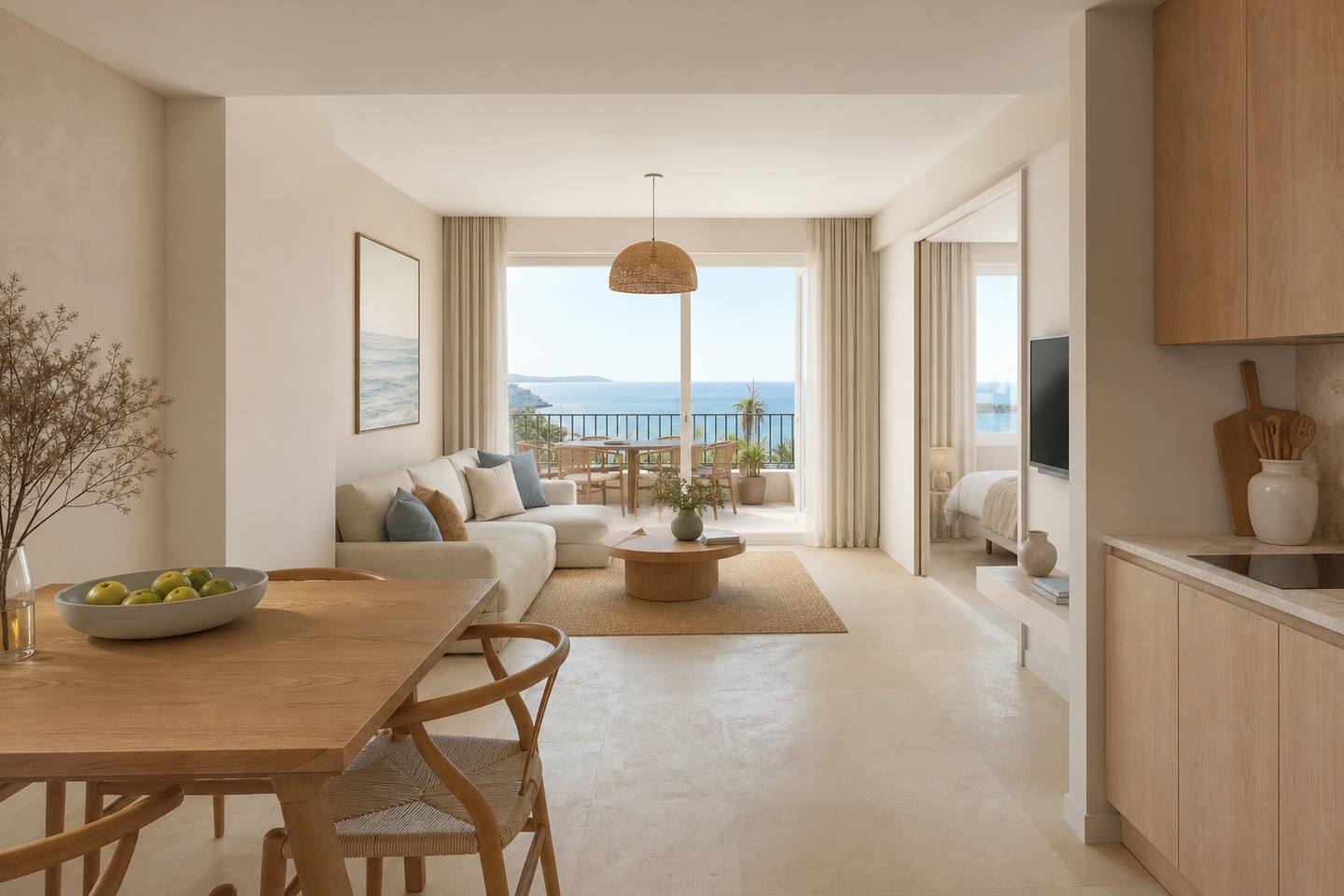 KI-generiertes redaktionelles Stimmungsbild eines mediterranen Hotelzimmers für den Hotelcheck des COMPLEJO BELLEVUE CLUB in Port D´Alcúdia