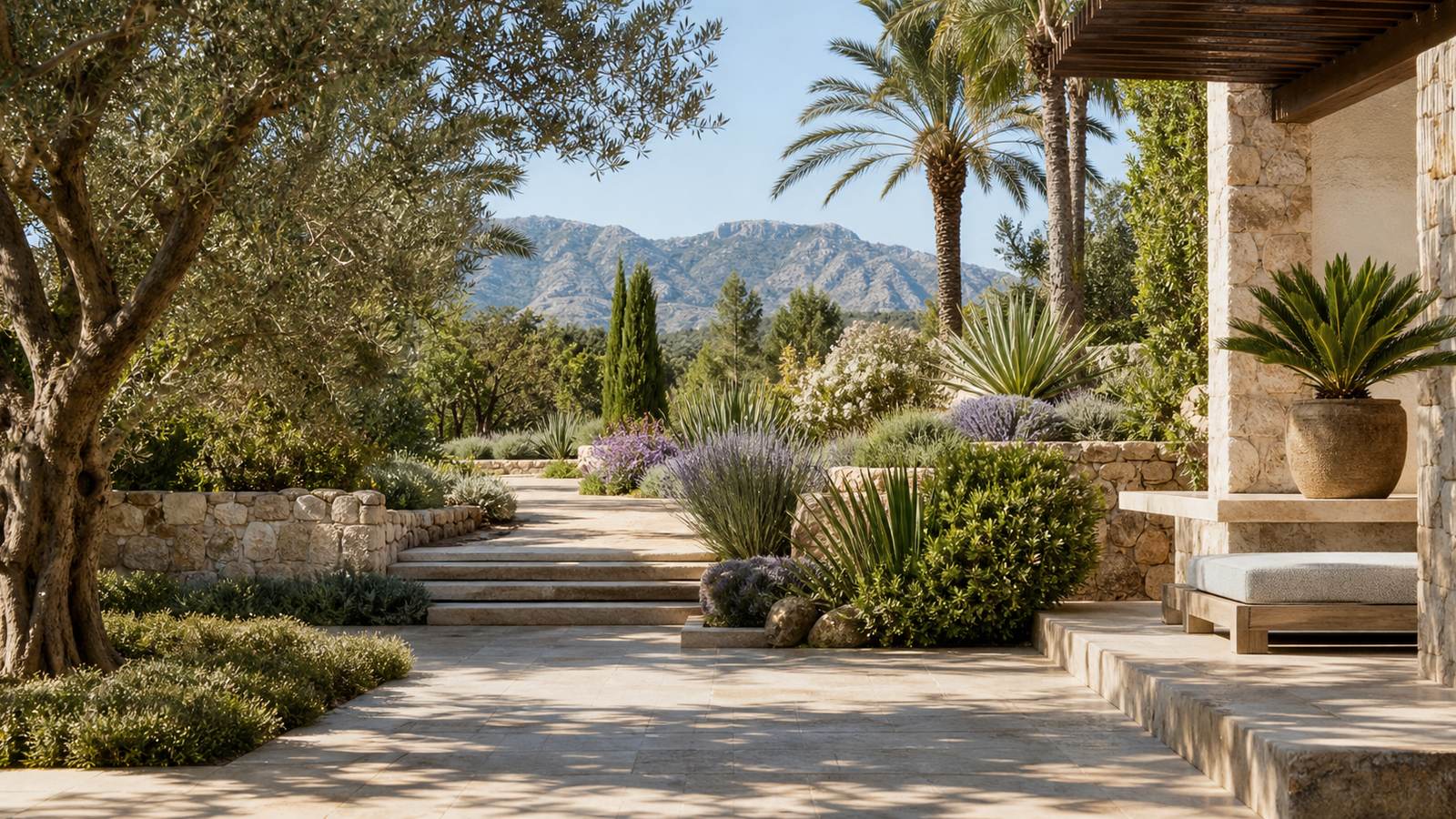 KI-generiertes Mallorca-Stimmungsbild eines mediterranen Hotel-Außenbereichs für den Hotelcheck des CONTINENTAL VALLDEMOSSA in Valldemossa