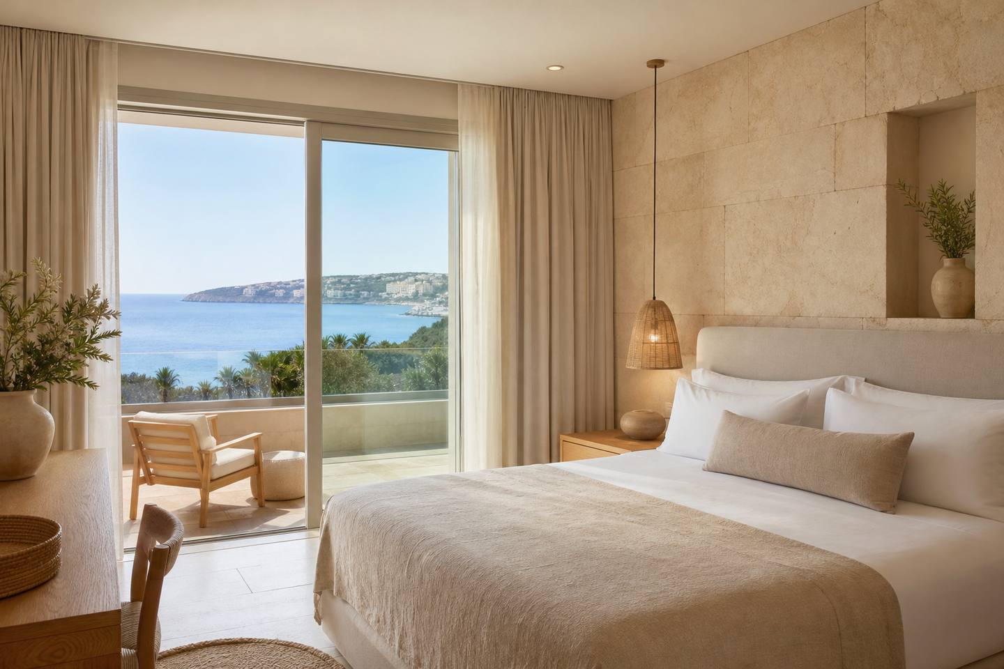 KI-generiertes redaktionelles Stimmungsbild eines mediterranen Hotelzimmers für den Hotelcheck des CONTINENTAL VALLDEMOSSA in Valldemossa