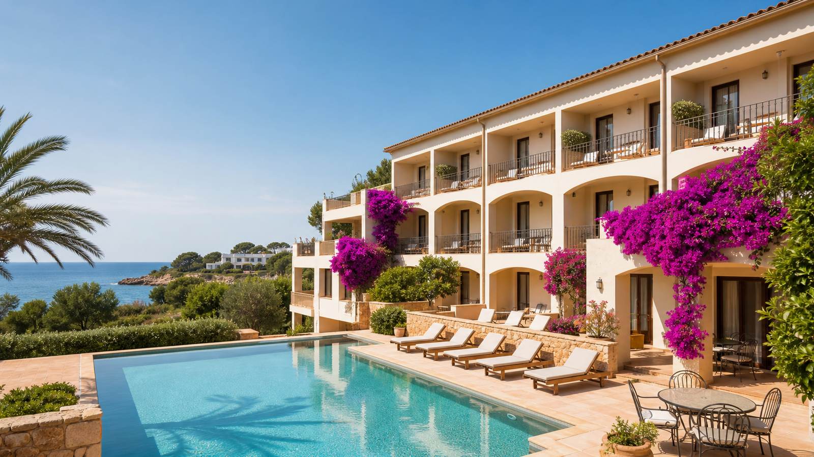 KI-generiertes Mallorca-Stimmungsbild eines mediterranen Hotel-Außenbereichs für den Hotelcheck des COSTA BRAVA in Port (El)
