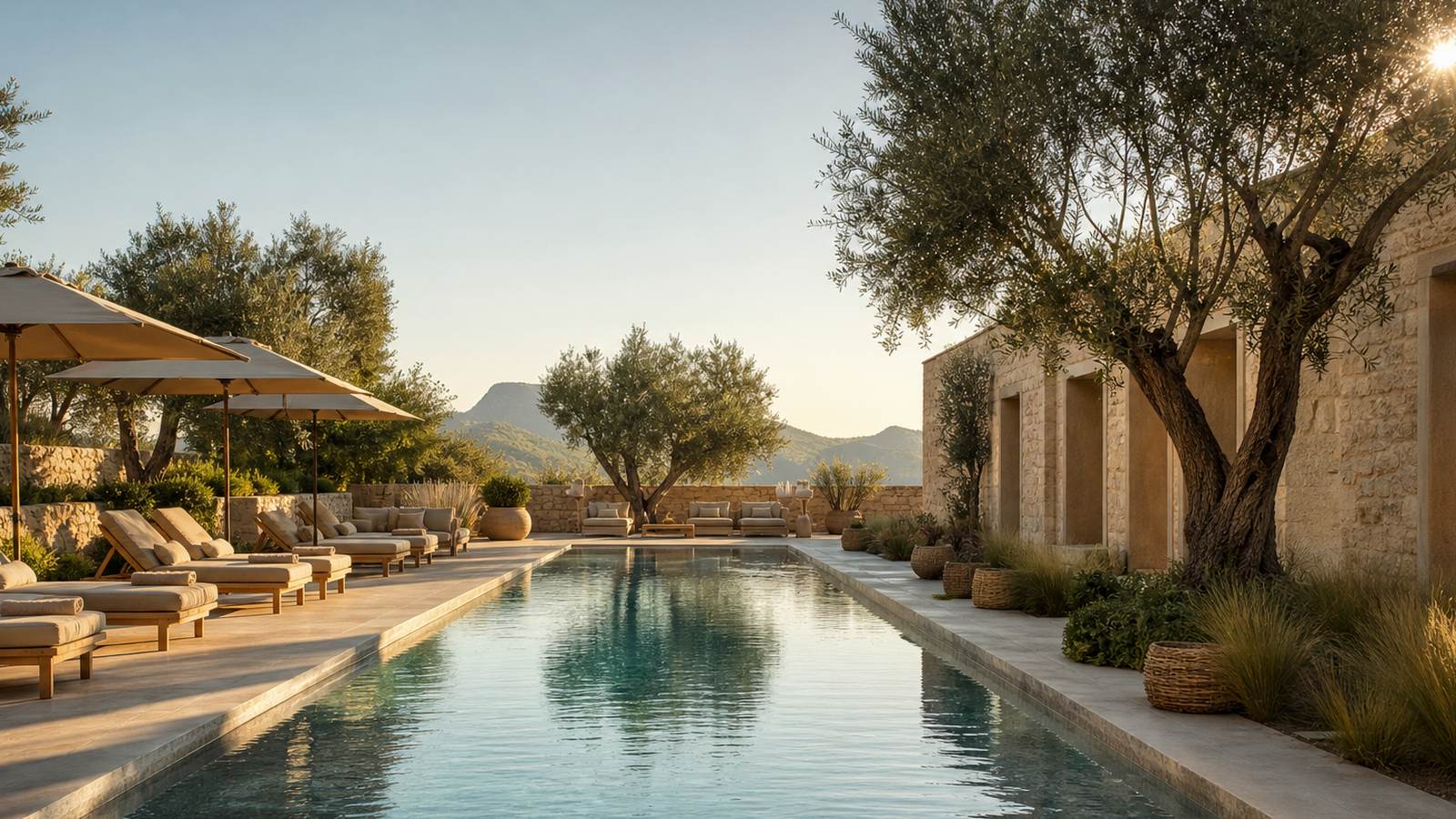 KI-generiertes Mallorca-Stimmungsbild eines mediterranen Hotel-Außenbereichs für den Hotelcheck des COSTA DEL SUR in Cala D´Or