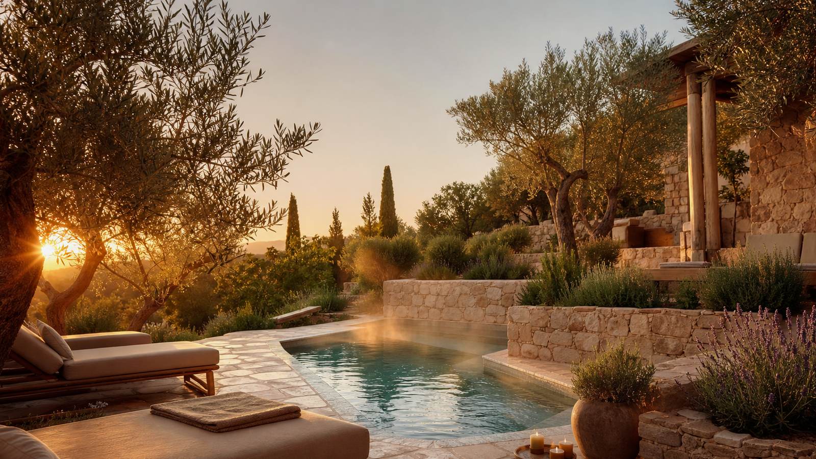 KI-generiertes Mallorca-Stimmungsbild eines mediterranen Hotel-Außenbereichs für den Hotelcheck des COSTA D´OR in Llucalcari