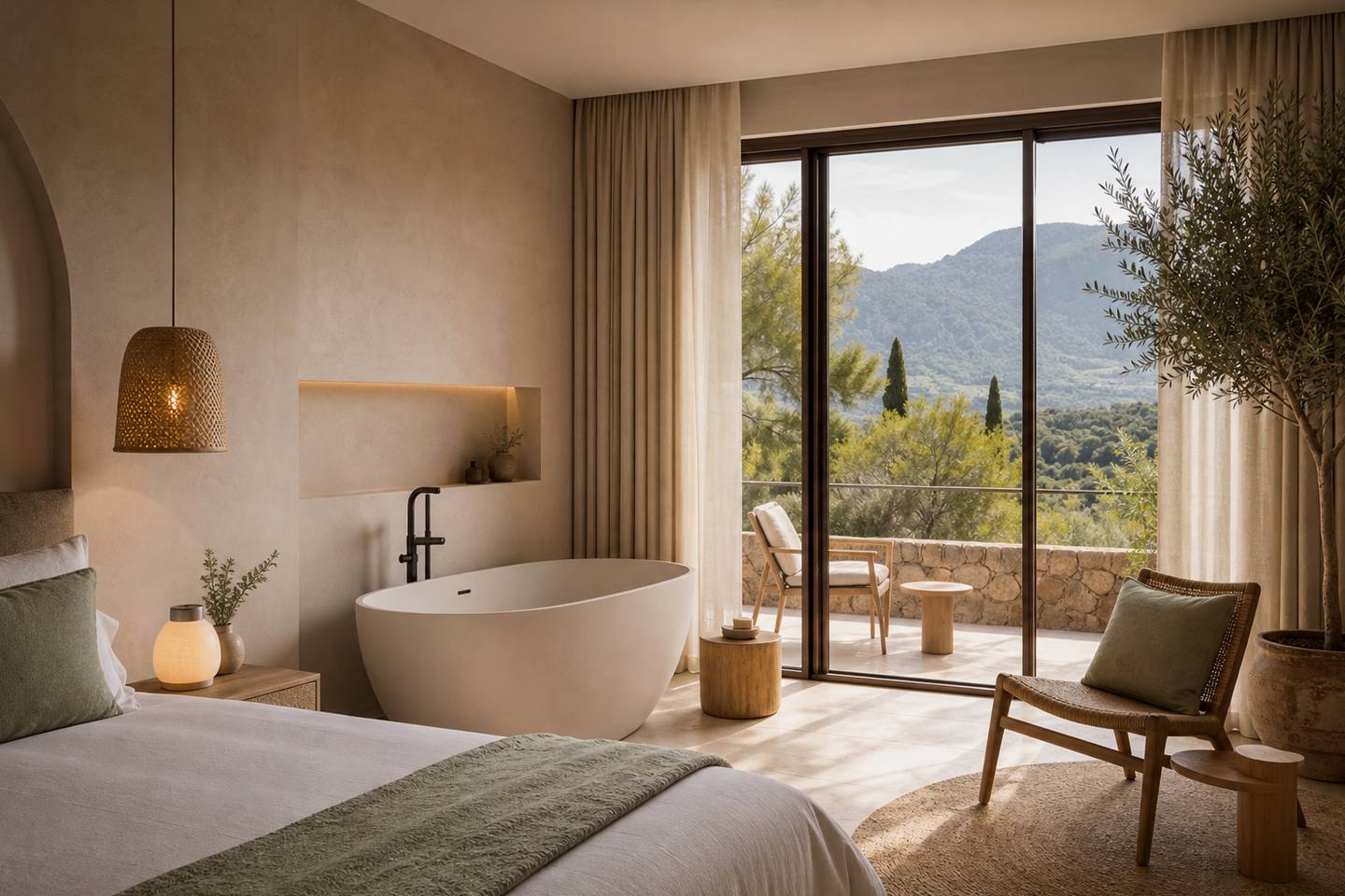 KI-generiertes redaktionelles Stimmungsbild eines mediterranen Hotelzimmers für den Hotelcheck des COSTA D´OR in Llucalcari