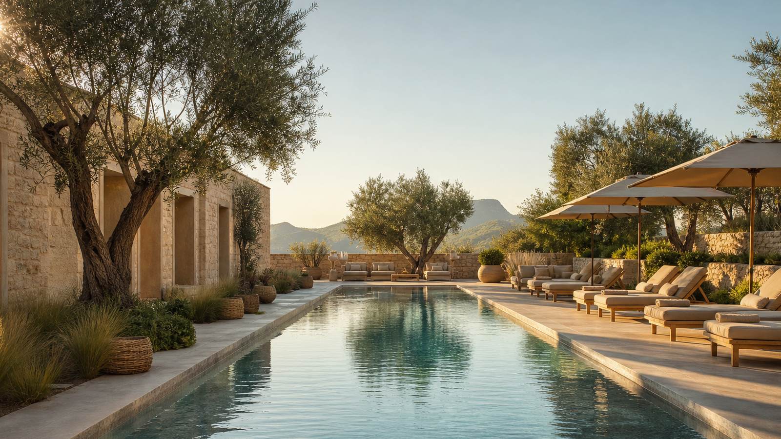 KI-generiertes Mallorca-Stimmungsbild eines mediterranen Hotel-Außenbereichs für den Hotelcheck des CREU DE TAU in Capdepera