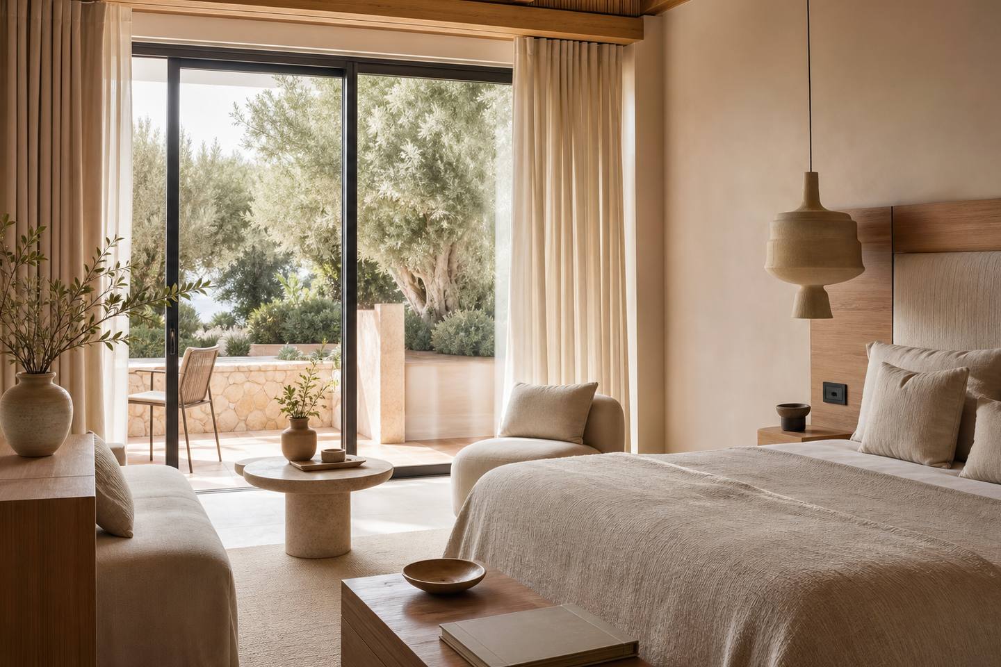 KI-generiertes redaktionelles Stimmungsbild eines mediterranen Hotelzimmers für den Hotelcheck des CREU DE TAU in Capdepera