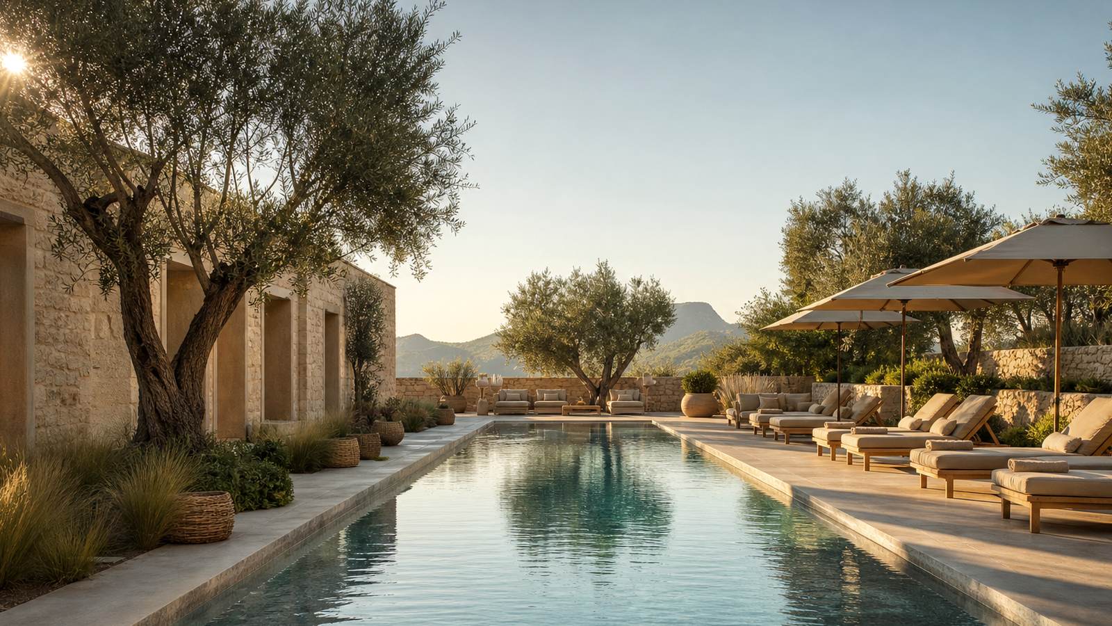 KI-generiertes Mallorca-Stimmungsbild eines mediterranen Hotel-Außenbereichs für den Hotelcheck des DALT MUNTANYA in Orient