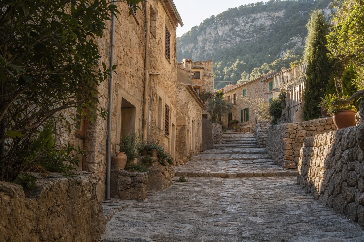 KI-generiertes Stimmungsbild einer ansteigenden gepflasterten Gasse mit Natursteinhäusern in Deià