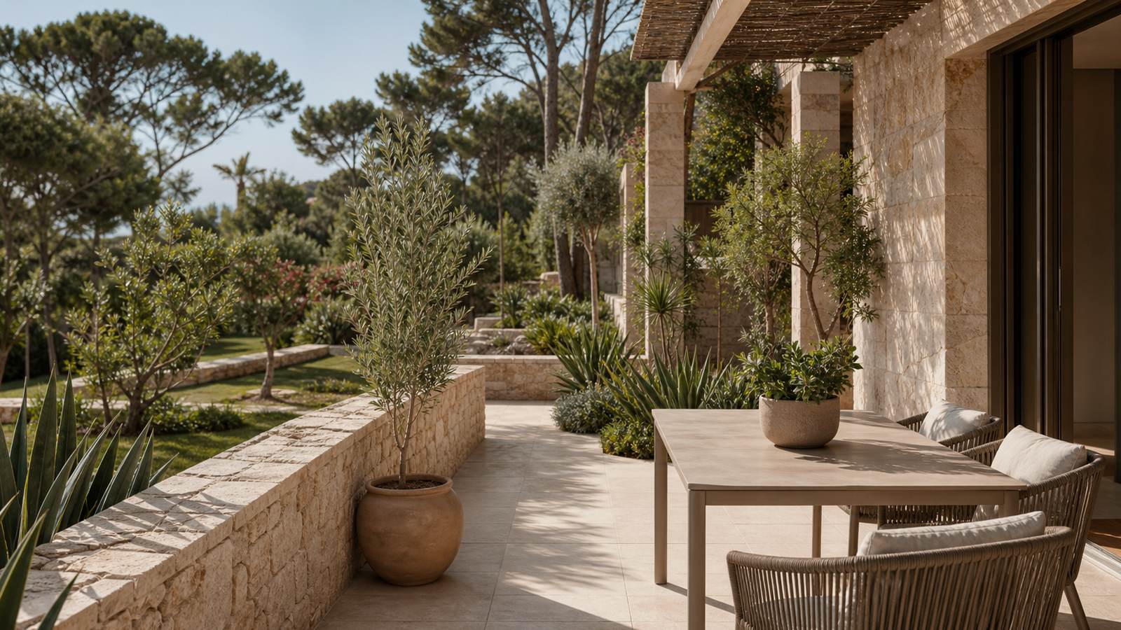 KI-generiertes Mallorca-Stimmungsbild eines mediterranen Hotel-Außenbereichs für den Hotelcheck des DEYA in Santa Ponça