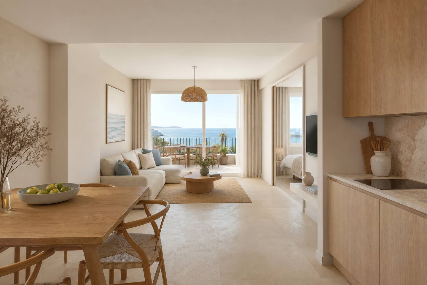 KI-generiertes redaktionelles Stimmungsbild eines mediterranen Hotelzimmers für den Hotelcheck des DEYA in Santa Ponça