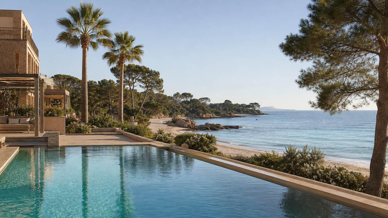 KI-generiertes Mallorca-Stimmungsbild eines mediterranen Hotel-Außenbereichs für den Hotelcheck des EDEN NORD in Port (El)