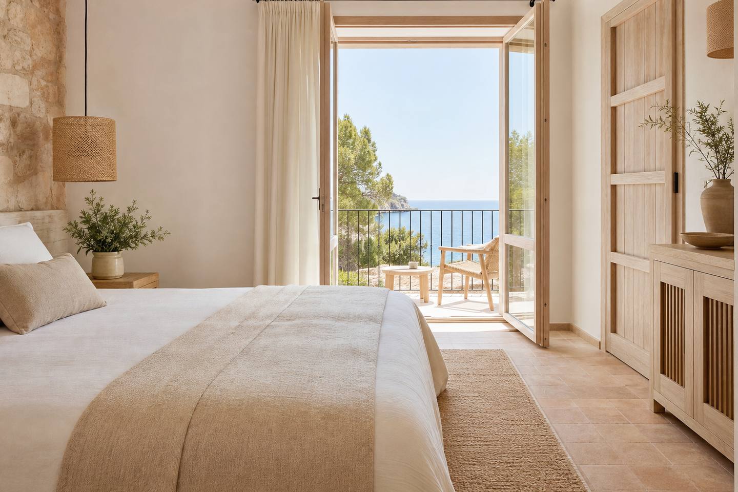 KI-generiertes redaktionelles Stimmungsbild eines mediterranen Hotelzimmers für den Hotelcheck des EDEN NORD in Port (El)