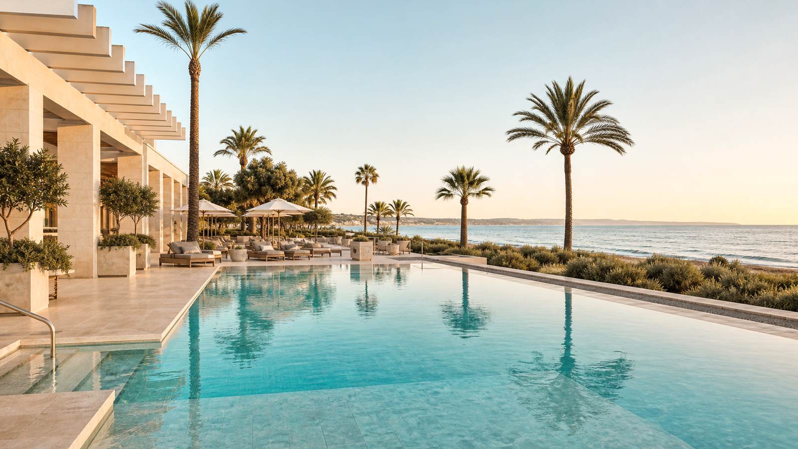 KI-generiertes Mallorca-Stimmungsbild eines mediterranen Hotel-Außenbereichs für den Hotelcheck des EDEN PLAYA in Platja De Muro