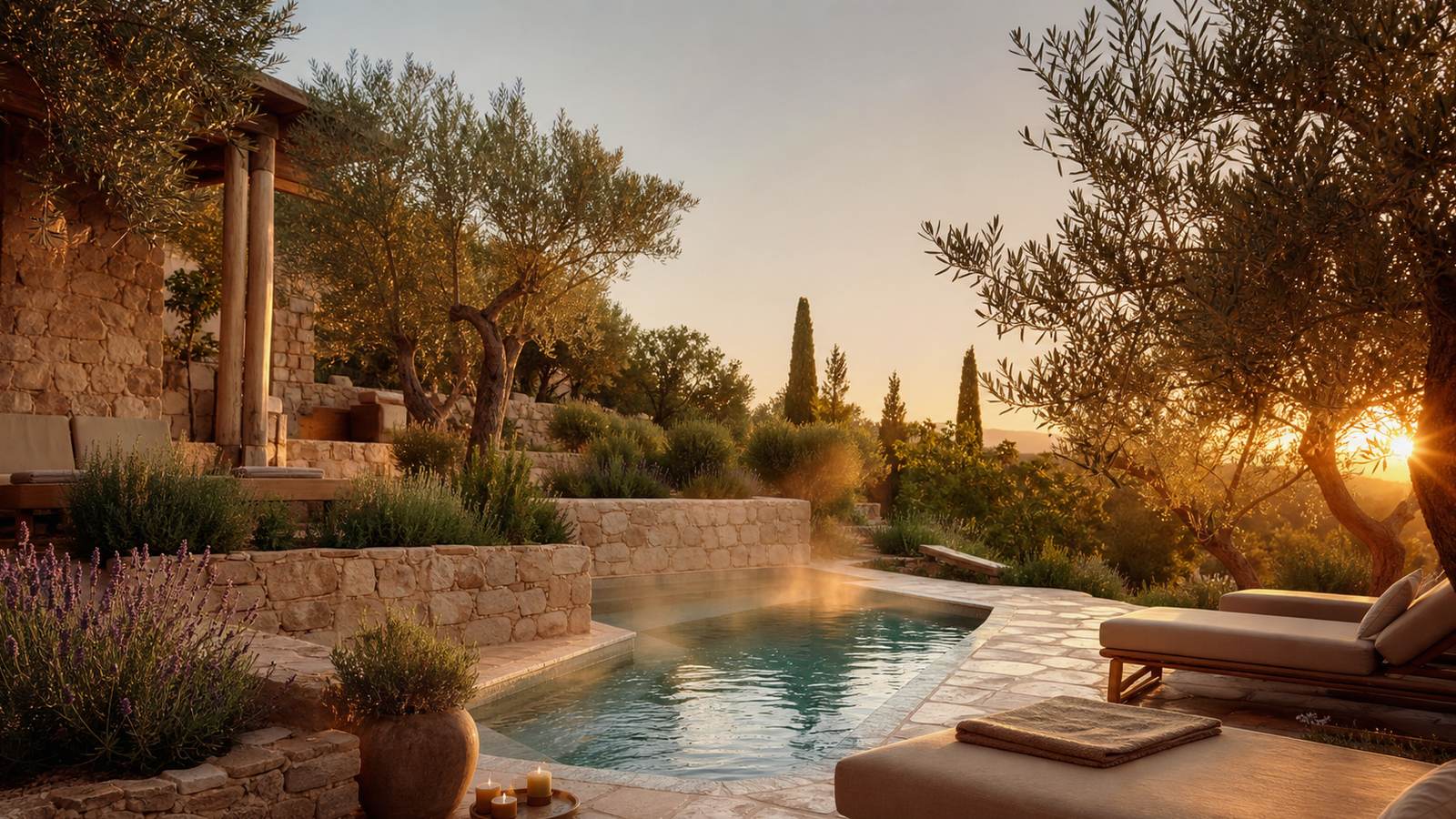 KI-generiertes Mallorca-Stimmungsbild eines mediterranen Hotel-Außenbereichs für den Hotelcheck des EL GUIA in Sóller