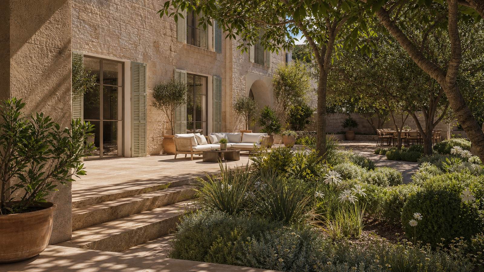 KI-generiertes Mallorca-Stimmungsbild eines mediterranen Hotel-Außenbereichs für den Hotelcheck des EL VICENÇ DE LA MAR in Cala Sant Vicenç