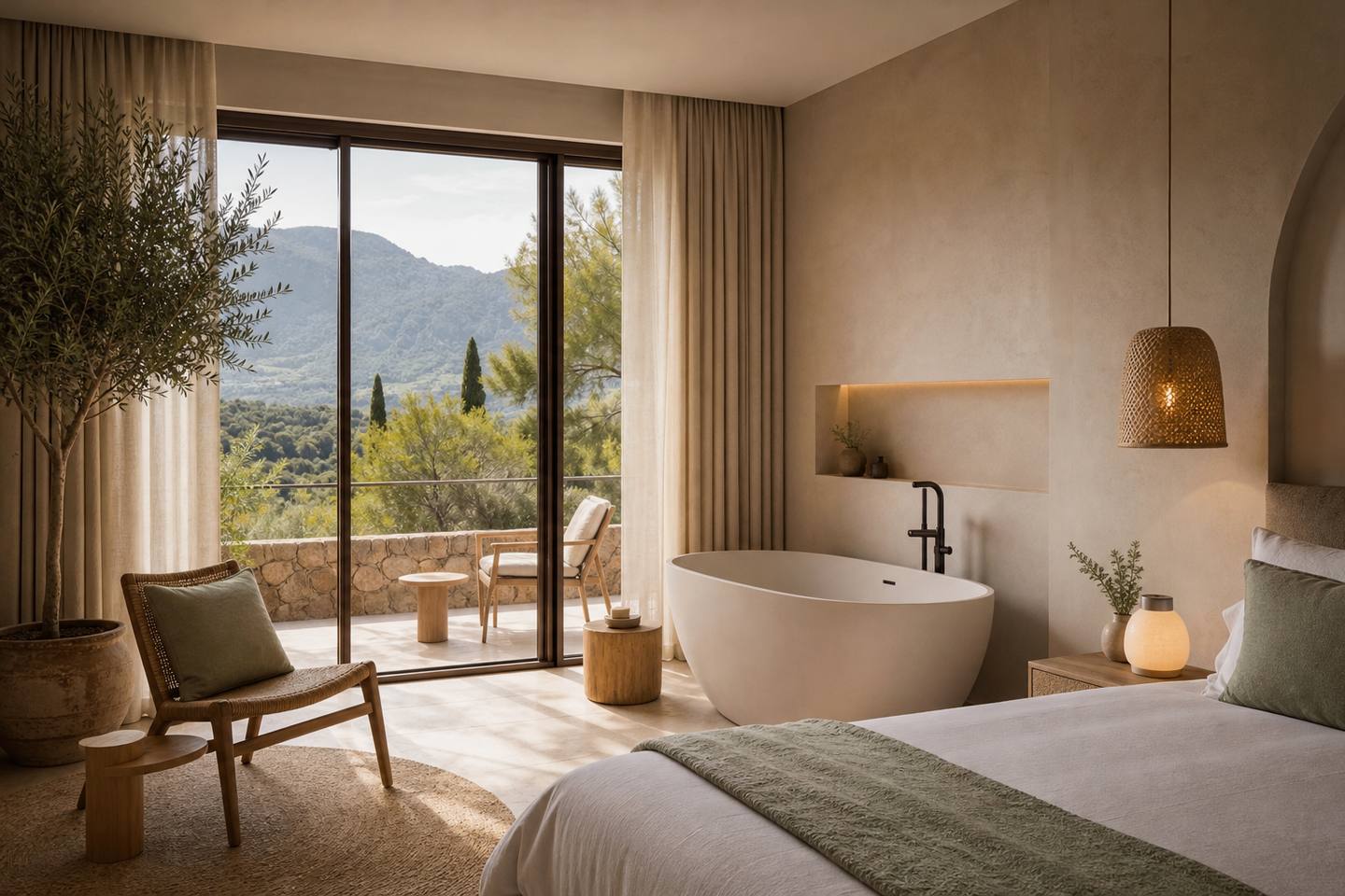 KI-generiertes redaktionelles Stimmungsbild eines mediterranen Hotelzimmers für den Hotelcheck des ELBA SUNSET & THALASSO SPA in Magaluf