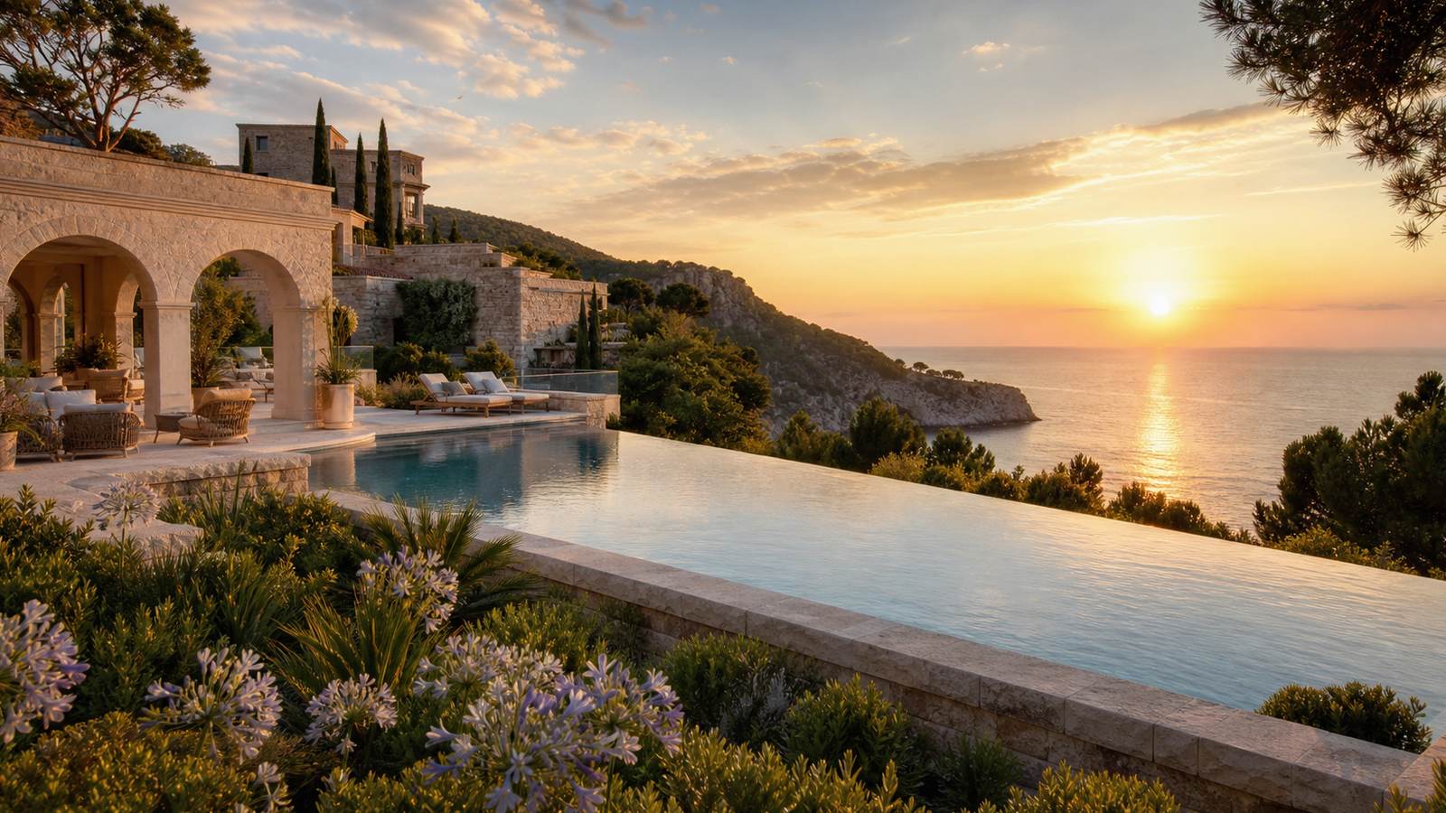 KI-generiertes Mallorca-Stimmungsbild eines mediterranen Hotel-Außenbereichs für den Hotelcheck des Eques Petit Resort in Cala D´Or