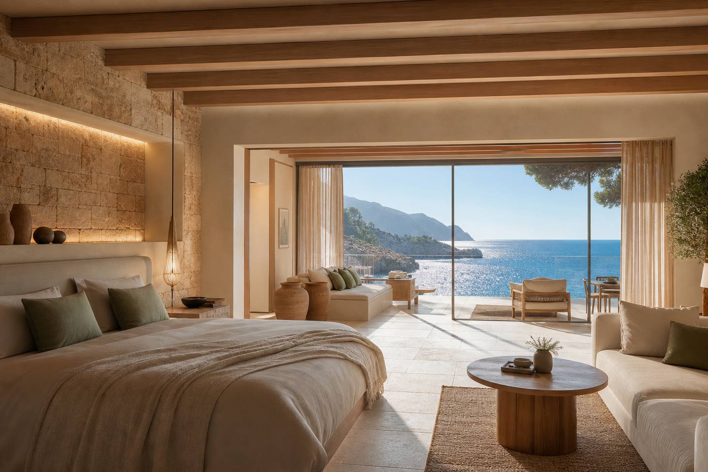 KI-generiertes redaktionelles Stimmungsbild eines mediterranen Hotelzimmers für den Hotelcheck des Eques Petit Resort in Cala D´Or