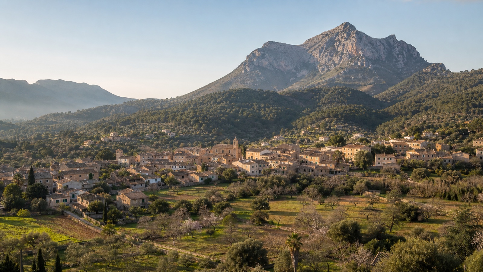 KI-generiertes Stimmungsbild von Es Capdellà mit Natursteinhäusern, Kulturlandschaft und Puig de Galatzó