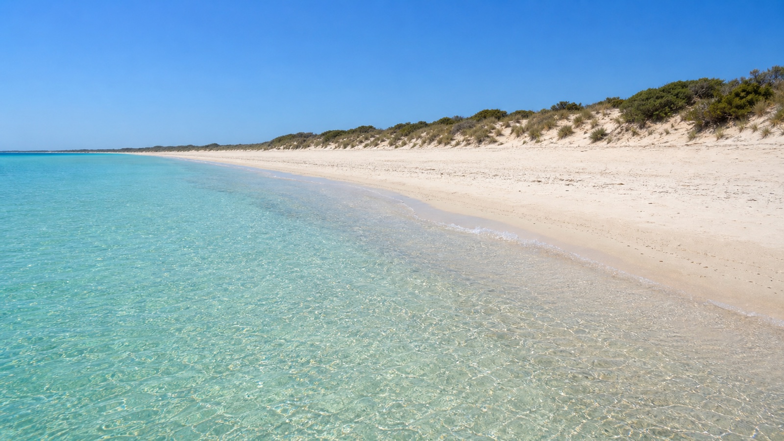 KI-generiertes Stimmungsbild des langen Naturstrands Es Caragol mit hellem Sand, Dünen und flachem türkisfarbenem Wasser