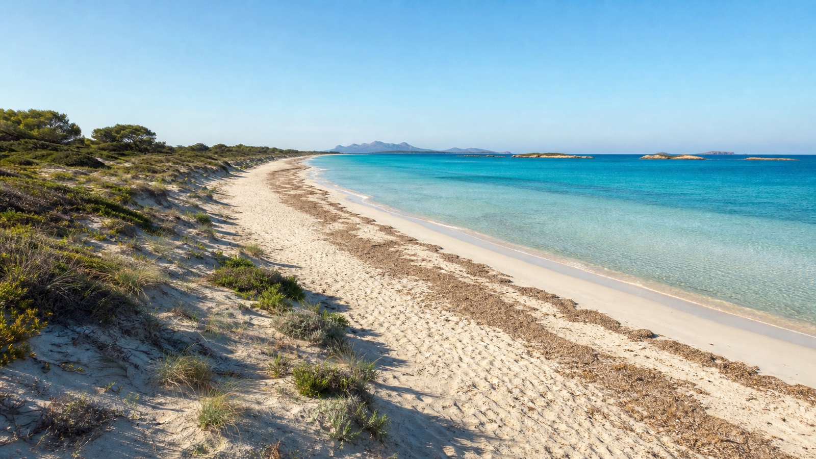 KI-generiertes Stimmungsbild des langen Naturstrands Es Carbó mit hellem Sand, Dünen und vorgelagerten Inseln