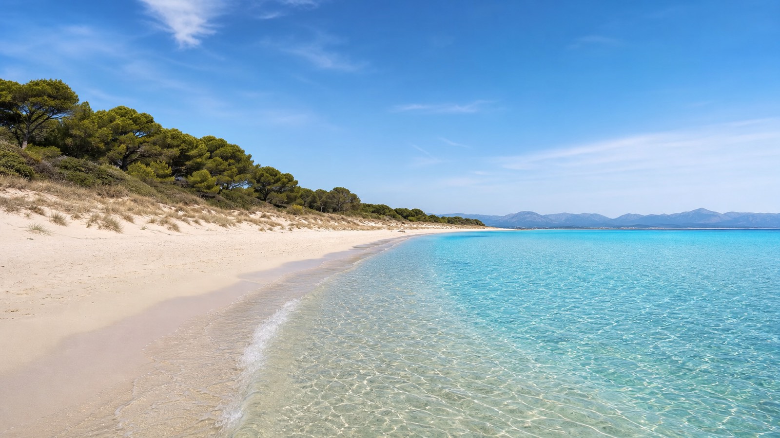 KI-generiertes Stimmungsbild eines naturbelassenen Sandstrands mit klarem flachem Wasser, Dünen, Wacholder und Pinien im Stil von Es Comú de Muro