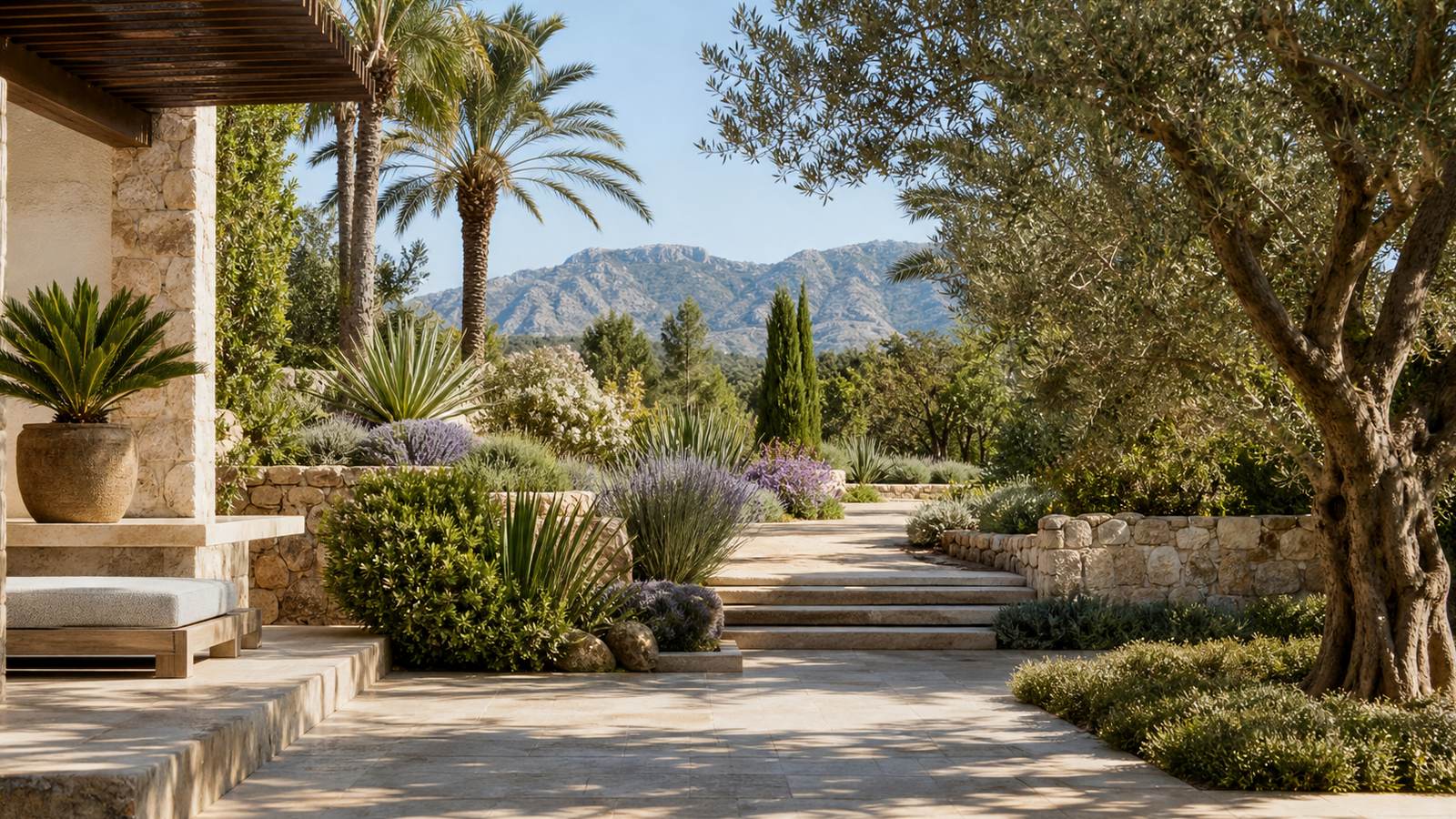KI-generiertes Mallorca-Stimmungsbild eines mediterranen Hotel-Außenbereichs für den Hotelcheck des ES CORTE VELL/ 4 ESTRELLES SUPERIOR in Bunyola