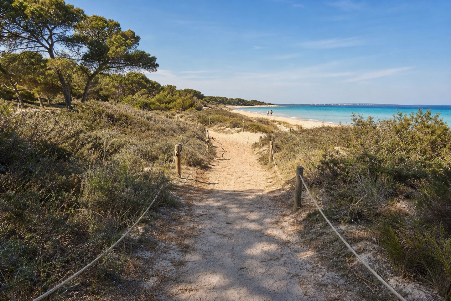 KI-generiertes Stimmungsbild des Fußwegs von Colònia de Sant Jordi zum Strand Es Dolç