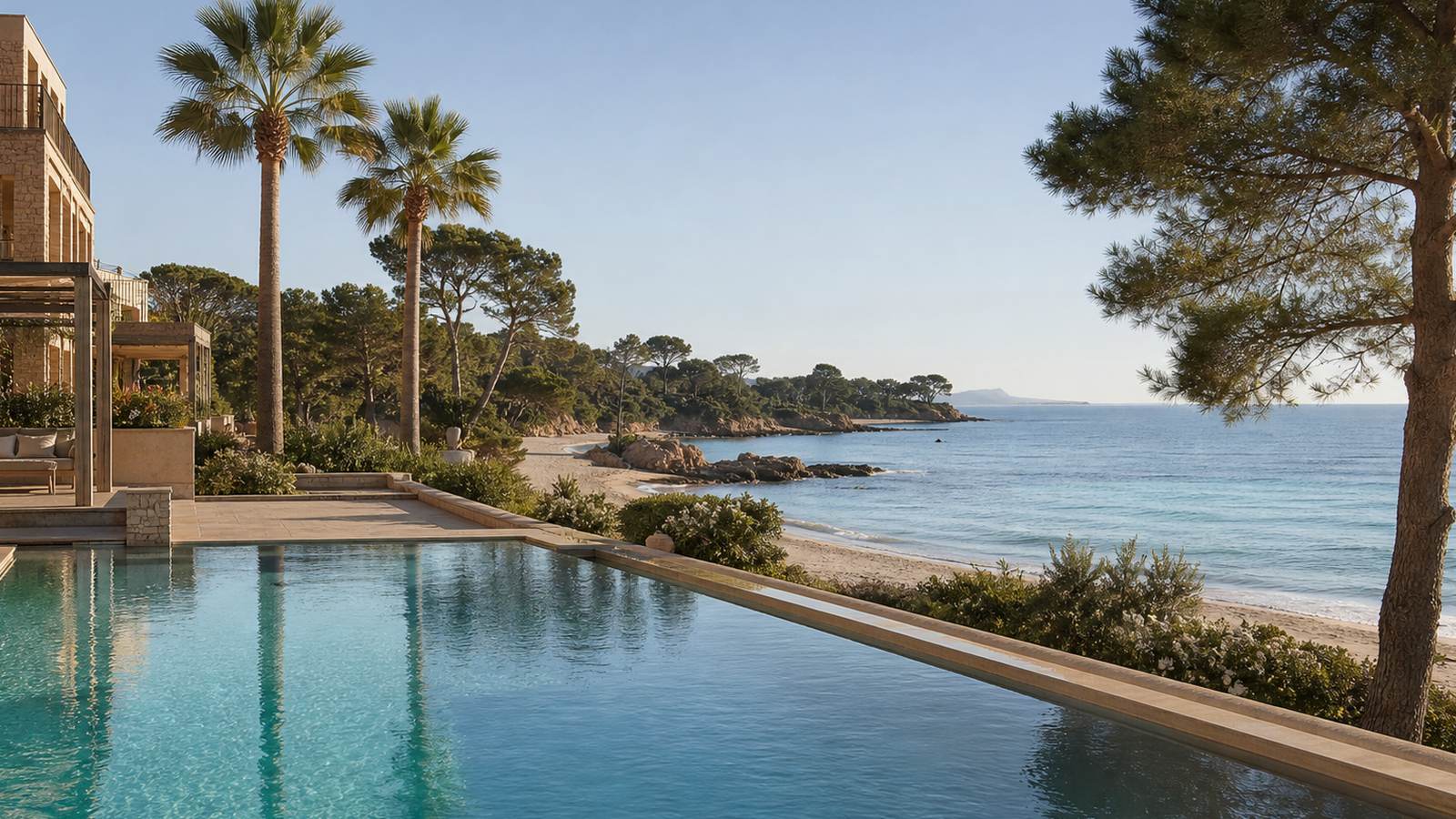 KI-generiertes Mallorca-Stimmungsbild eines mediterranen Hotel-Außenbereichs für den Hotelcheck des ES MOLI in Deià