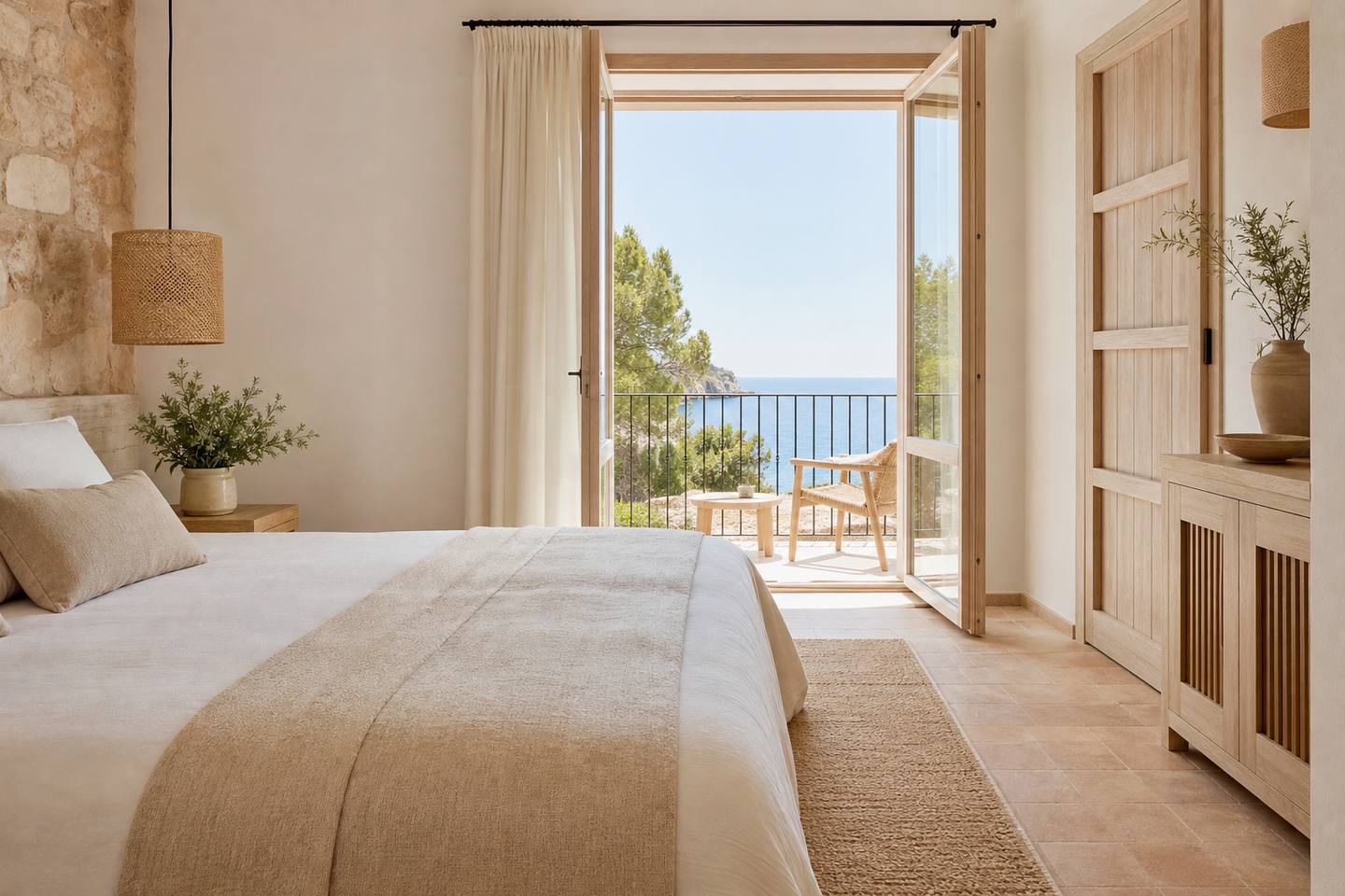 KI-generiertes redaktionelles Stimmungsbild eines mediterranen Hotelzimmers für den Hotelcheck des ES MOLI in Deià