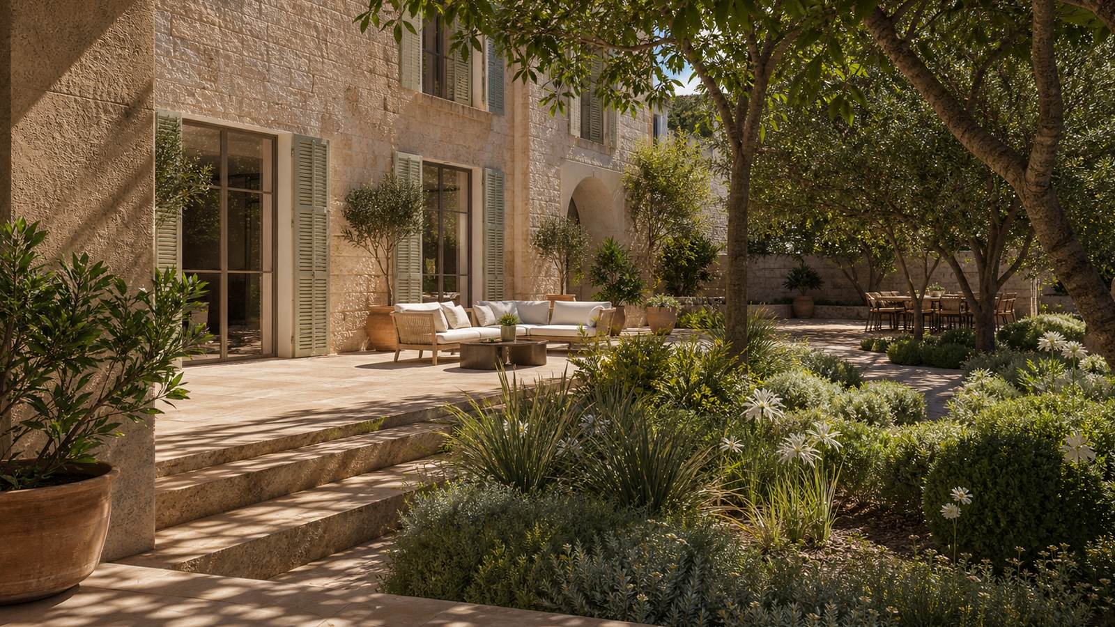 KI-generiertes Mallorca-Stimmungsbild eines mediterranen Hotel-Außenbereichs für den Hotelcheck des ES RACÓ D´ARTÀ in Artà