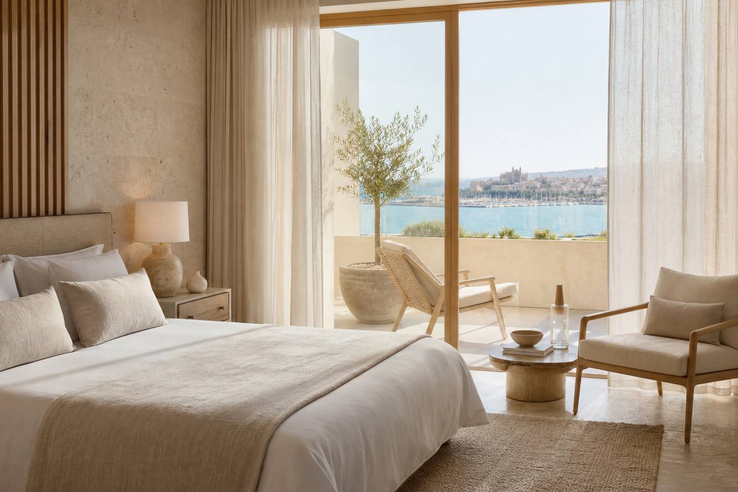 KI-generiertes redaktionelles Stimmungsbild eines mediterranen Hotelzimmers für den Hotelcheck des ES RACÓ D´ARTÀ in Artà