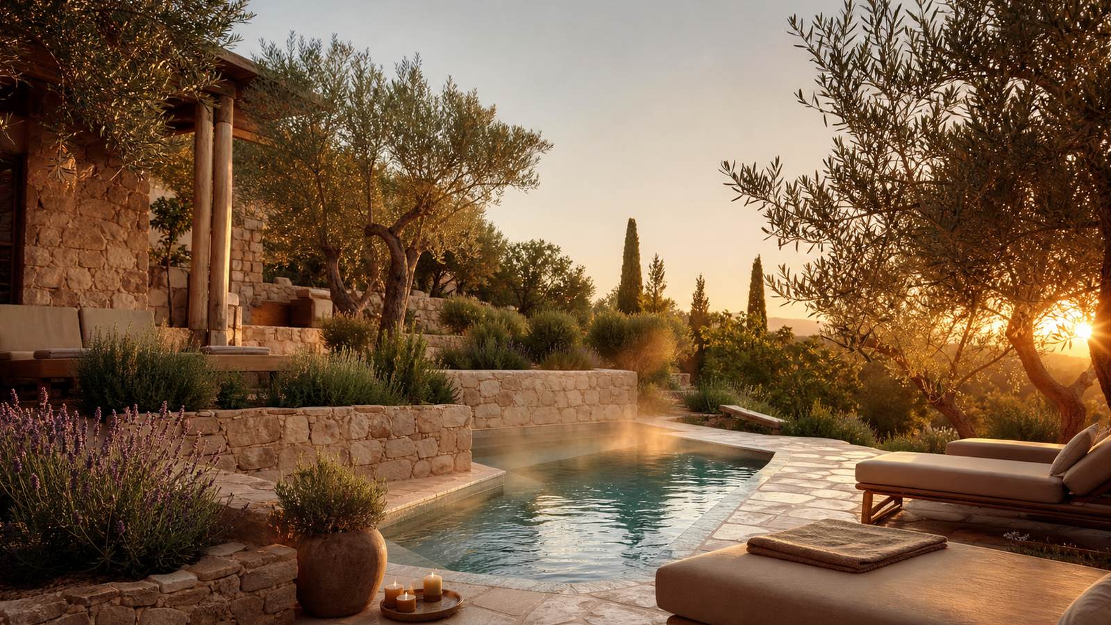 KI-generiertes Mallorca-Stimmungsbild eines mediterranen Hotel-Außenbereichs für den Hotelcheck des ES REVELLAR in Campos