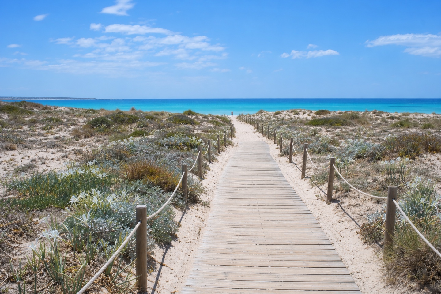 KI-generiertes Stimmungsbild eines markierten Zugangs zum Naturstrand Es Trenc mit Dünenabsperrung und mediterraner Vegetation