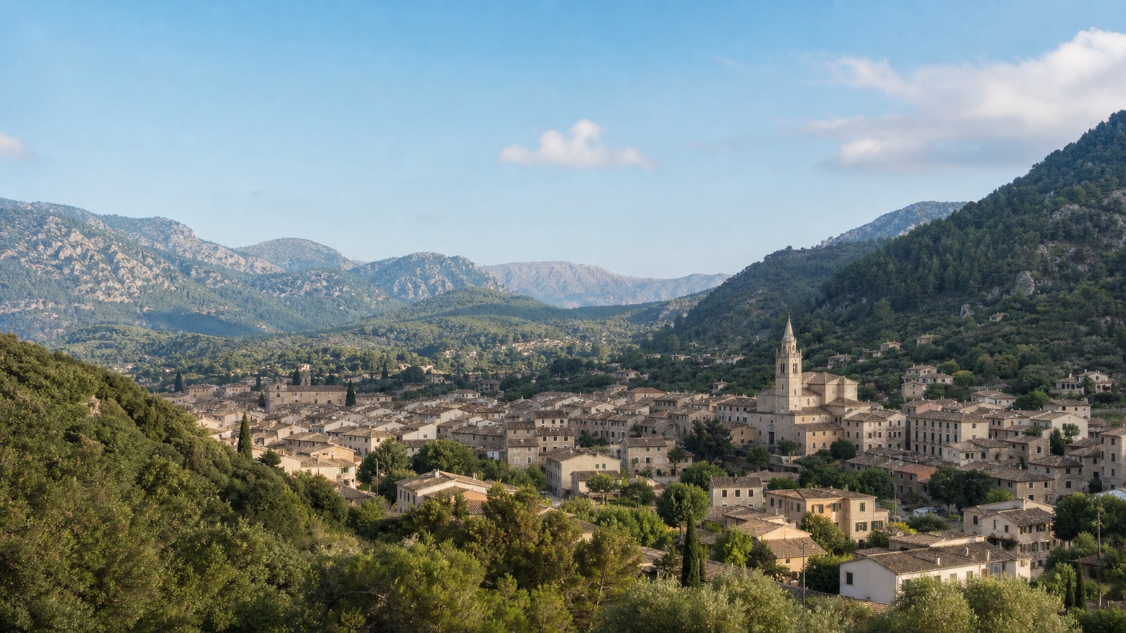 KI-generiertes Stimmungsbild von Esporles als grüner Talort mit Natursteinhäusern, Kirche und Serra de Tramuntana