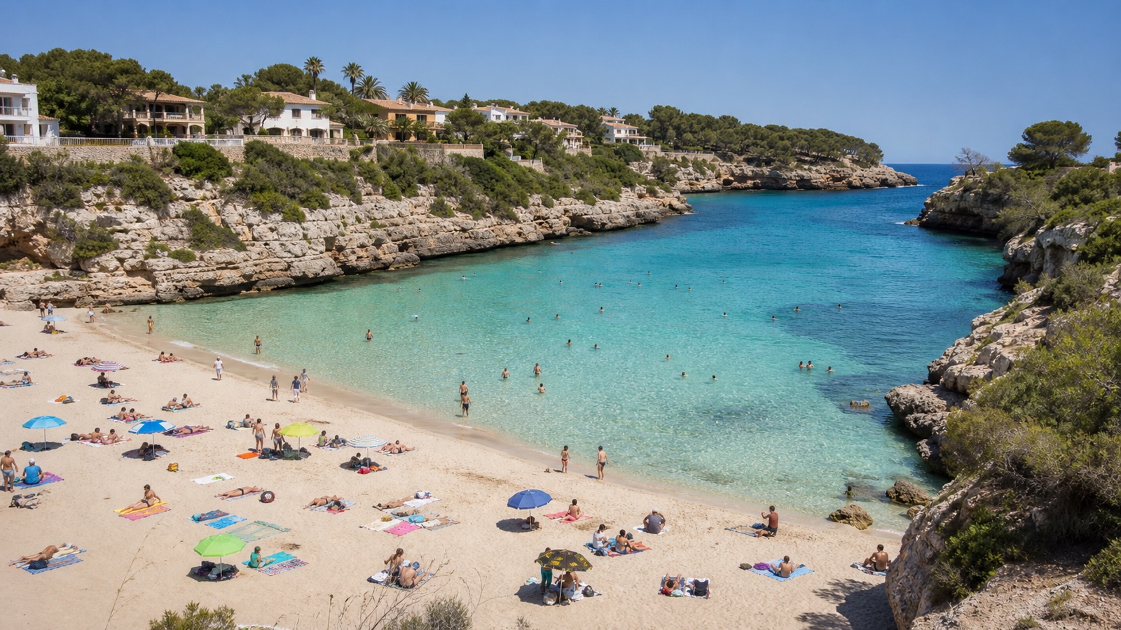 KI-generiertes Stimmungsbild der breiten Sandbucht S’Estany d’en Mas, auch Cala Romàntica genannt, zwischen hellen Kalkfelsen
