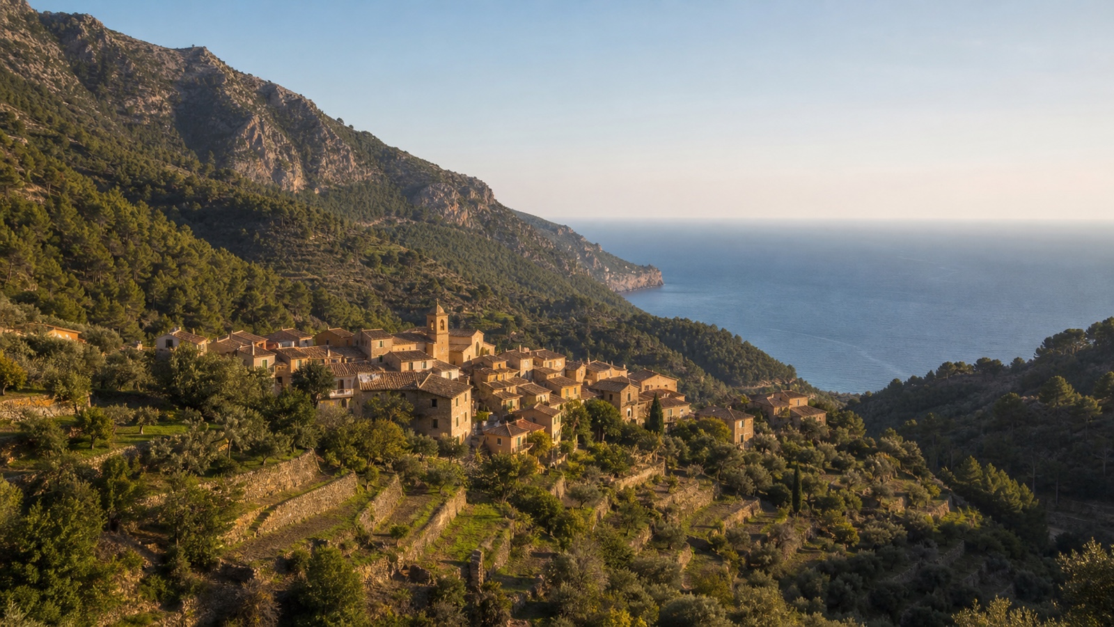KI-generiertes Stimmungsbild von Estellencs als kleiner Terrassenort zwischen Serra de Tramuntana und Westküste