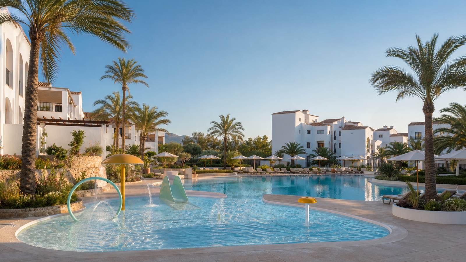 KI-generiertes Mallorca-Stimmungsbild eines mediterranen Hotel-Außenbereichs für den Hotelcheck des FERGUS CLUB EUROPA in Peguera